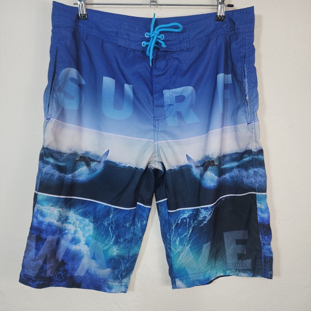 Tru Cal Board Shorts Mens LG Blue Surf Wave Graphic Print Swim Trunks Mesh Lined